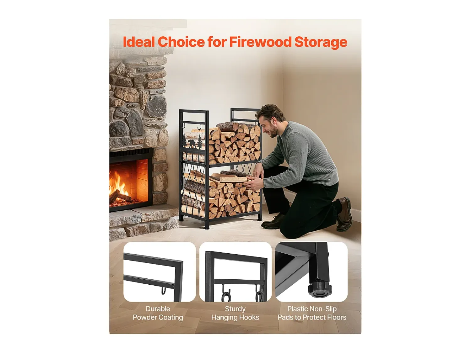 Online Suporte para Lenha SucceBuy de Aquecimento de 2 Níveis, Armazenamento de Lenha Interno, 45.5 x 33 x 76.5 cm, com Ferramentas de Lareira, Escova, Pá Preto