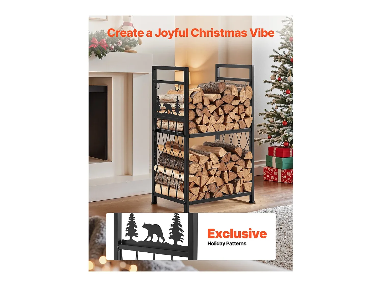 Online Suporte para Lenha SucceBuy de Aquecimento de 2 Níveis, Armazenamento de Lenha Interno, 45.5 x 33 x 76.5 cm, com Ferramentas de Lareira, Escova, Pá Preto