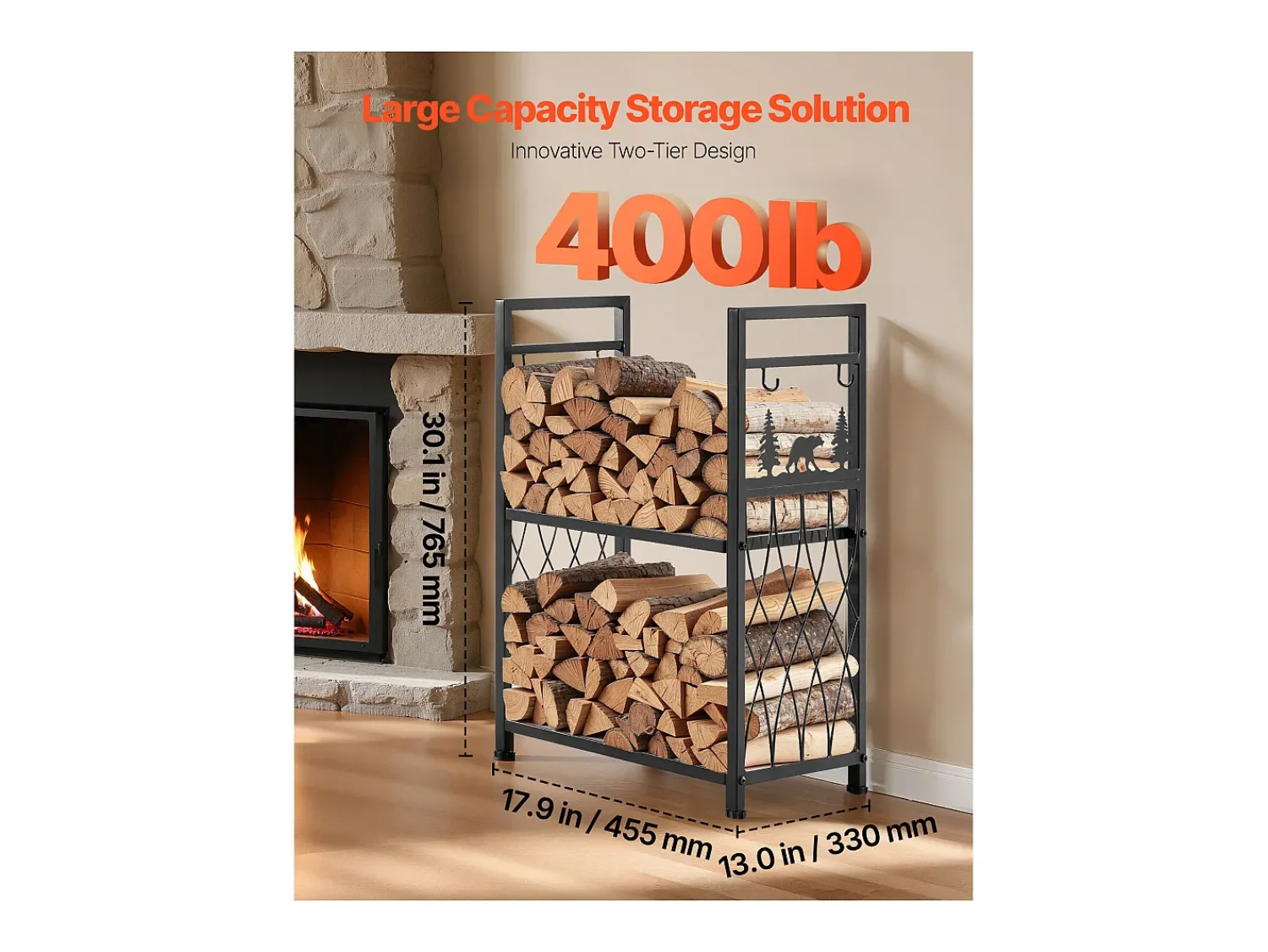 Online Suporte para Lenha SucceBuy de Aquecimento de 2 Níveis, Armazenamento de Lenha Interno, 45.5 x 33 x 76.5 cm, com Ferramentas de Lareira, Escova, Pá Preto