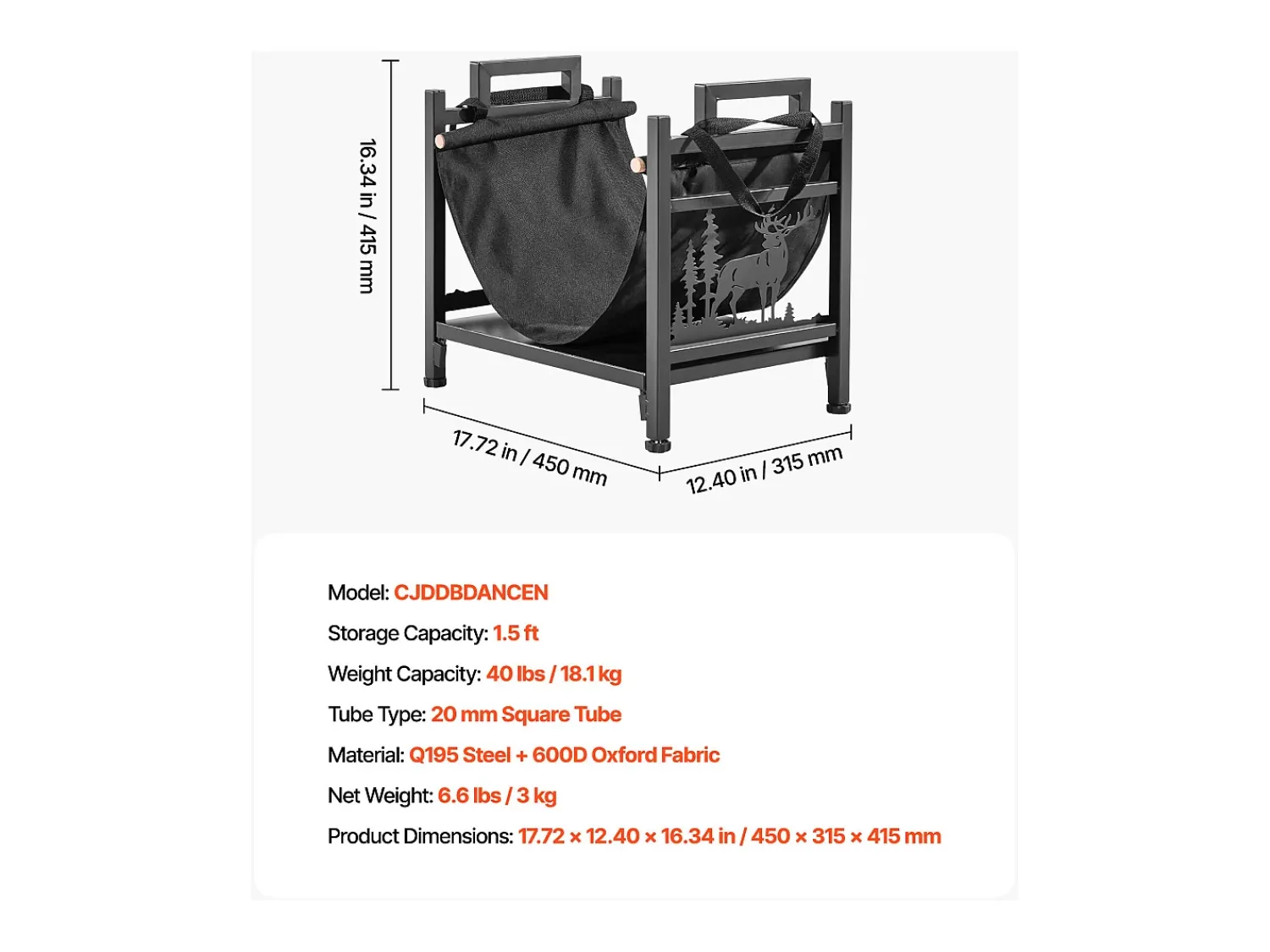 Acessórios De Arrumação| Suporte para Lenha SucceBuy de Aquecimento Interno, Armazenamento de Lenha Curvo 45 x 31.5 x 41.5 cm, com Suporte de Lona, Capacidade de Carga 18,1 kg Preto