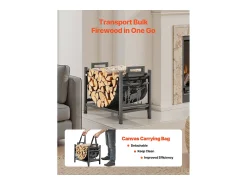 Acessórios De Arrumação| Suporte para Lenha SucceBuy de Aquecimento Interno, Armazenamento de Lenha Curvo 45 x 31.5 x 41.5 cm, com Suporte de Lona, Capacidade de Carga 18,1 kg Preto