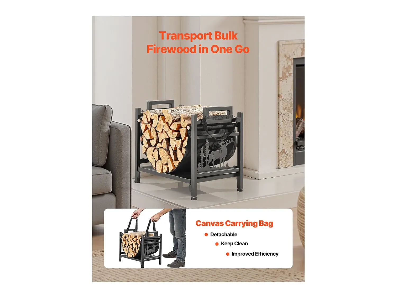 Acessórios De Arrumação| Suporte para Lenha SucceBuy de Aquecimento Interno, Armazenamento de Lenha Curvo 45 x 31.5 x 41.5 cm, com Suporte de Lona, Capacidade de Carga 18,1 kg Preto