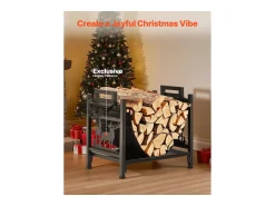 Acessórios De Arrumação| Suporte para Lenha SucceBuy de Aquecimento Interno, Armazenamento de Lenha Curvo 45 x 31.5 x 41.5 cm, com Suporte de Lona, Capacidade de Carga 18,1 kg Preto