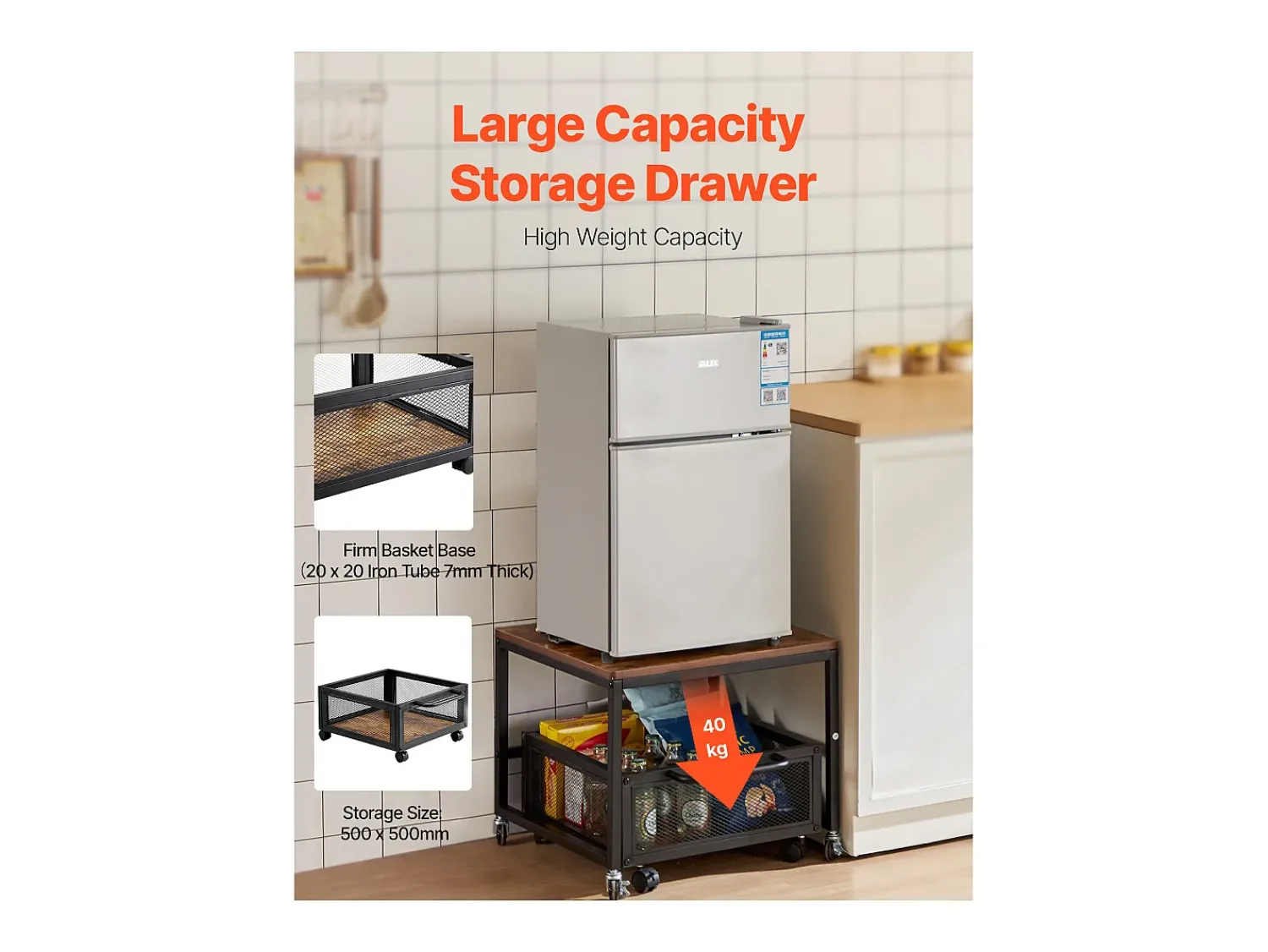 Mesa De Apoio| Suporte para Mini-Frigorífico SucceBuy, com Arrumação, Capacidade de 90 kg, Carrinho e Rodas Giratórias, Claro Castanho