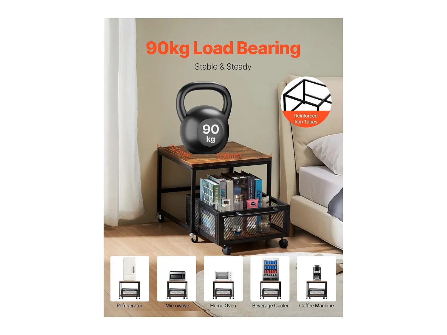 Mesa De Apoio| Suporte para Mini-Frigorífico SucceBuy, com Arrumação, Capacidade de 90 kg, Carrinho e Rodas Giratórias, Claro Castanho