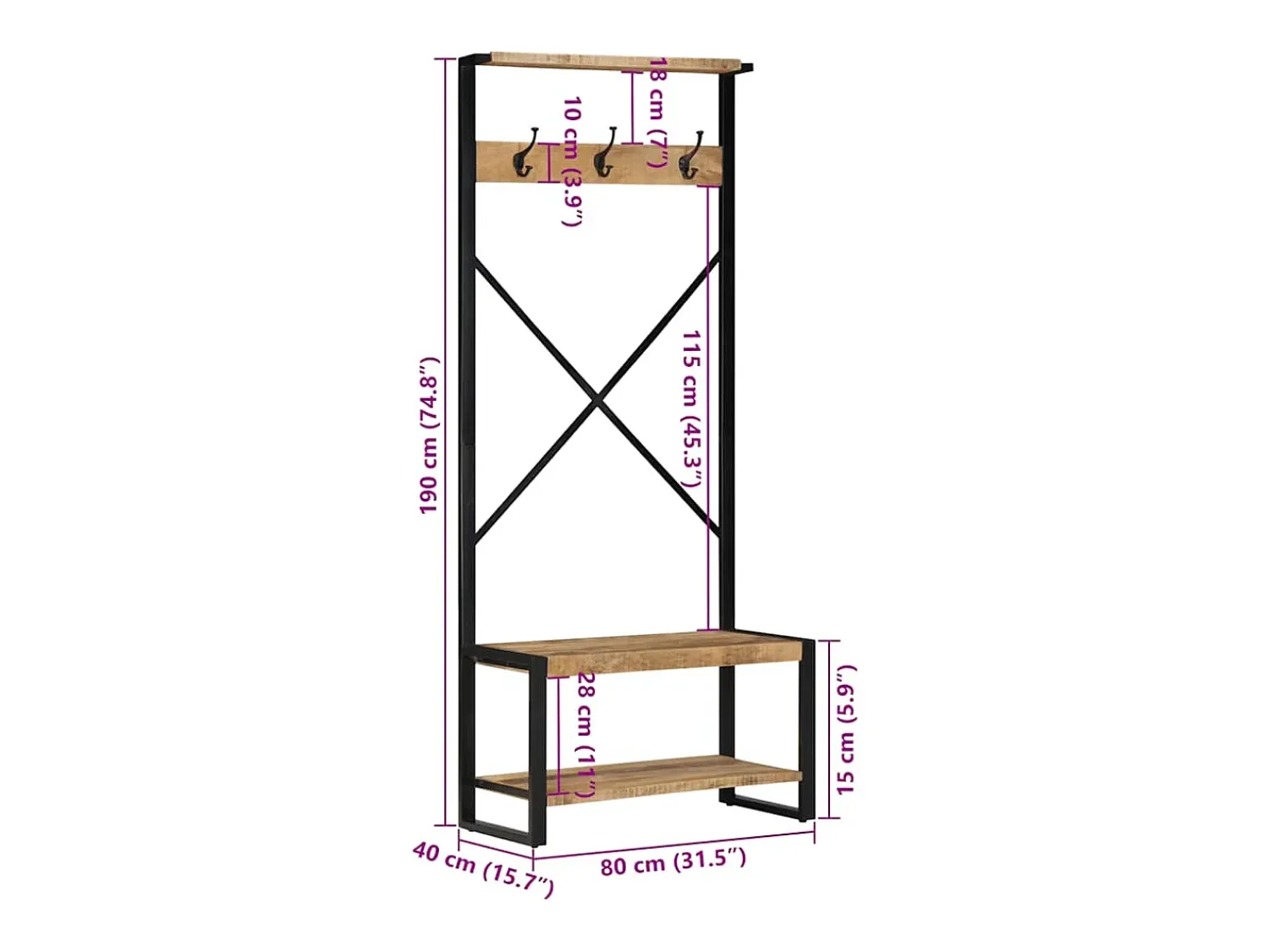 Prateleira|vidaxl Suporte para roupas 80x40x190cm madeira mangueira maciça áspera Castanho