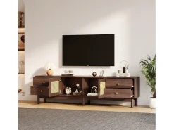 Suporte para TV, 180 cm de comprimento, em madeira escura com duas portas de rattan e quatro gavetas. Natural escuro