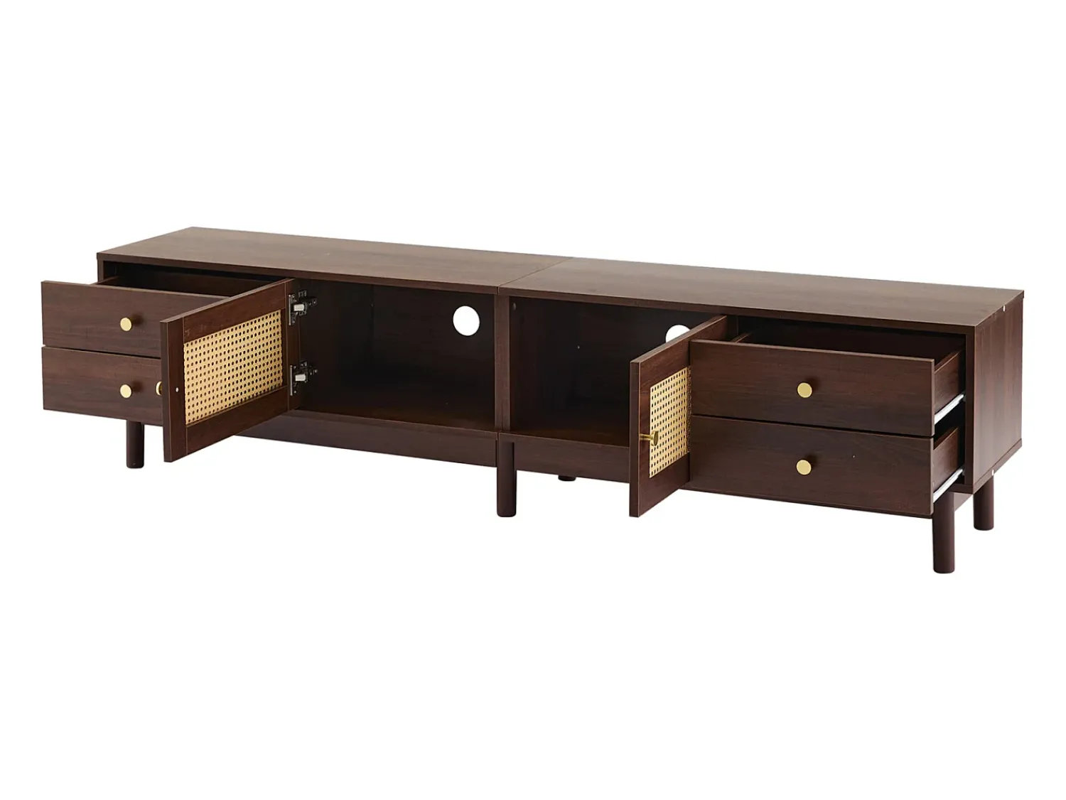 Suporte para TV, 180 cm de comprimento, em madeira escura com duas portas de rattan e quatro gavetas. Natural escuro
