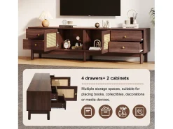 Suporte para TV, 180 cm de comprimento, em madeira escura com duas portas de rattan e quatro gavetas. Natural escuro