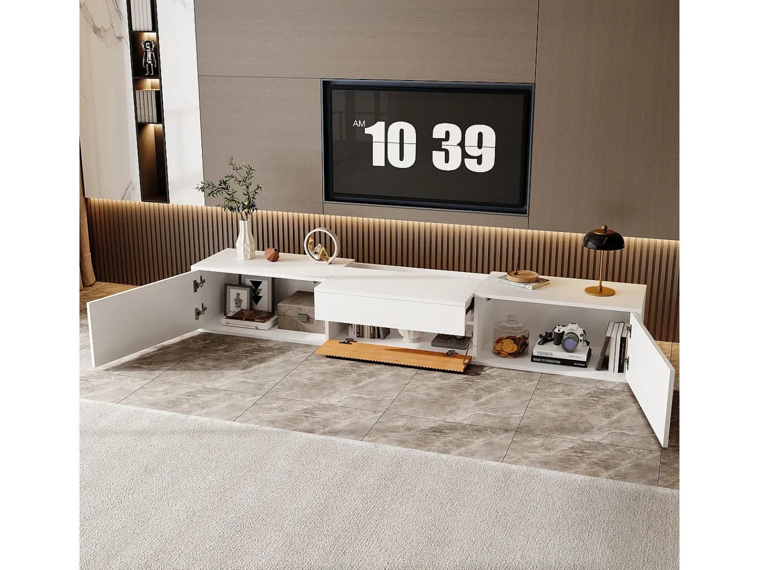 Hauss Spole Suporte para TV 180 x 34 x 30 cm com prateleira para projetor e 3 portas - e madeira Branco