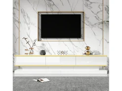 Outlet Suporte para TV - Suporte para TV com 3 gavetas e acabamento dourado - Corrediças inferiores suaves e silenciosas Branco