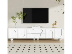 Móvel De Tv* Suporte para TV - Suporte para TV com 2 gavetas e 2 portas - Pés redondos em madeira maciça Branco