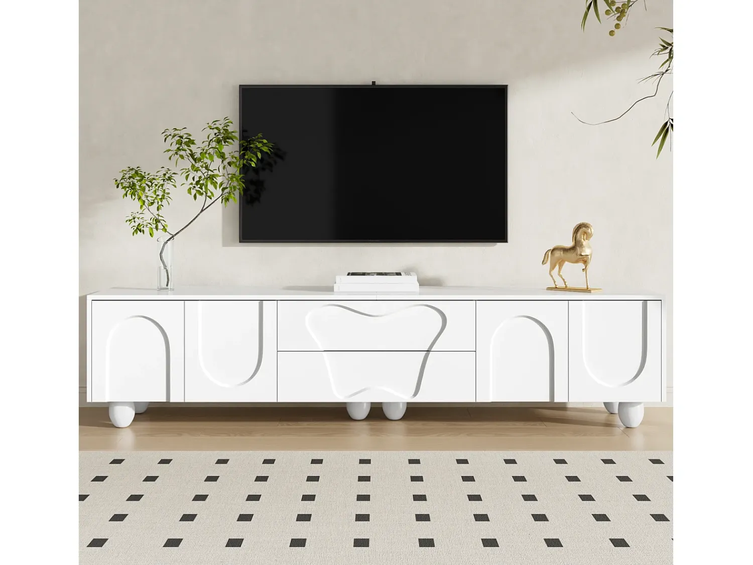 Móvel De Tv* Suporte para TV - Suporte para TV com 2 gavetas e 2 portas - Pés redondos em madeira maciça Branco
