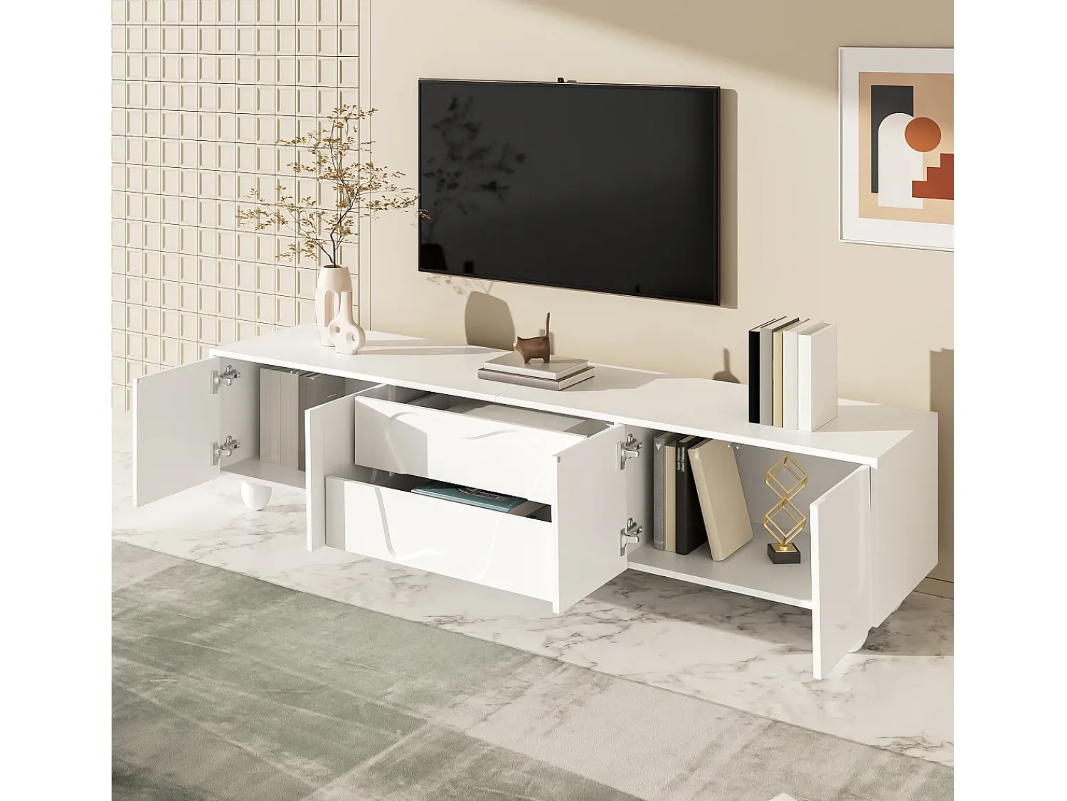 Móvel De Tv* Suporte para TV - Suporte para TV com 2 gavetas e 2 portas - Pés redondos em madeira maciça Branco