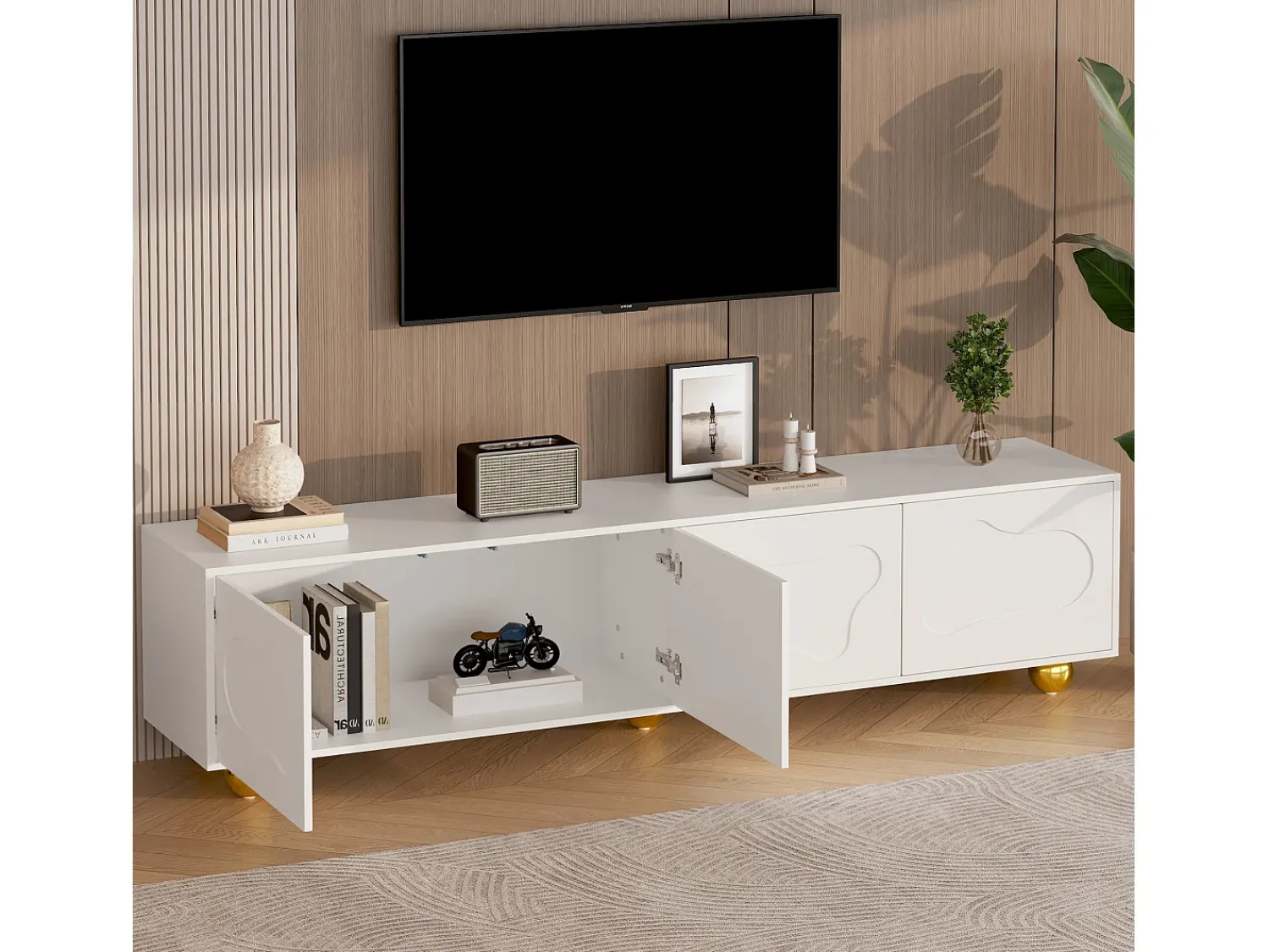 Móvel De Tv* Suporte para TV - Suporte para TV com 4 portas e 5 pés de apoio esféricos - Portas em formato de nuvem Branco