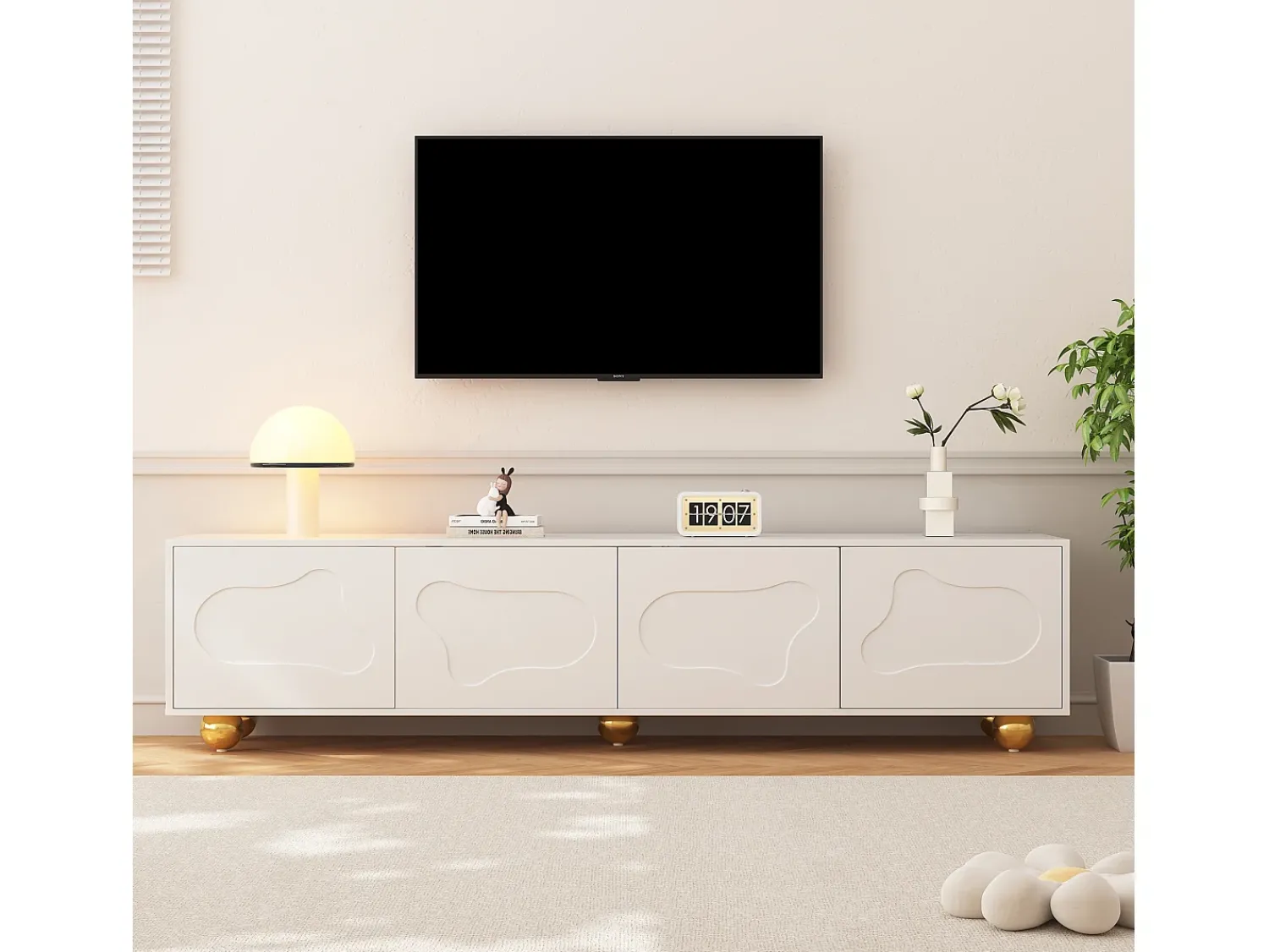 Móvel De Tv* Suporte para TV - Suporte para TV com 4 portas e 5 pés de apoio esféricos - Portas em formato de nuvem Branco