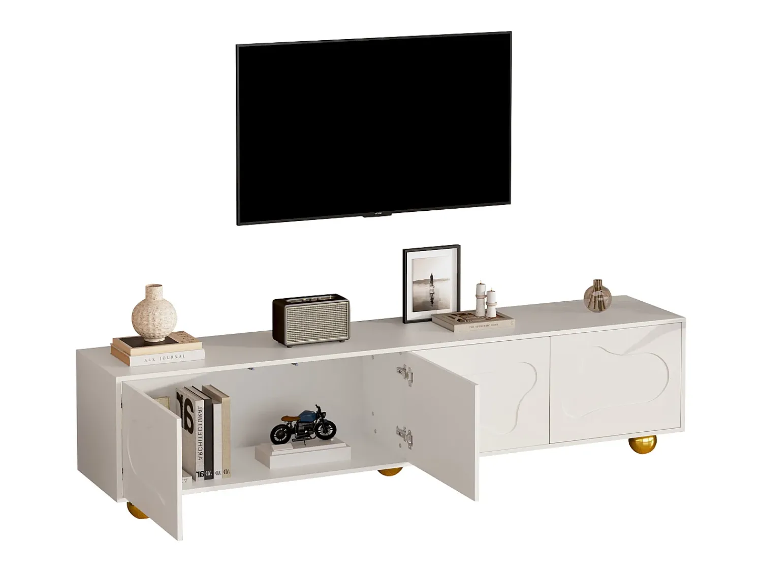Móvel De Tv* Suporte para TV - Suporte para TV com 4 portas e 5 pés de apoio esféricos - Portas em formato de nuvem Branco