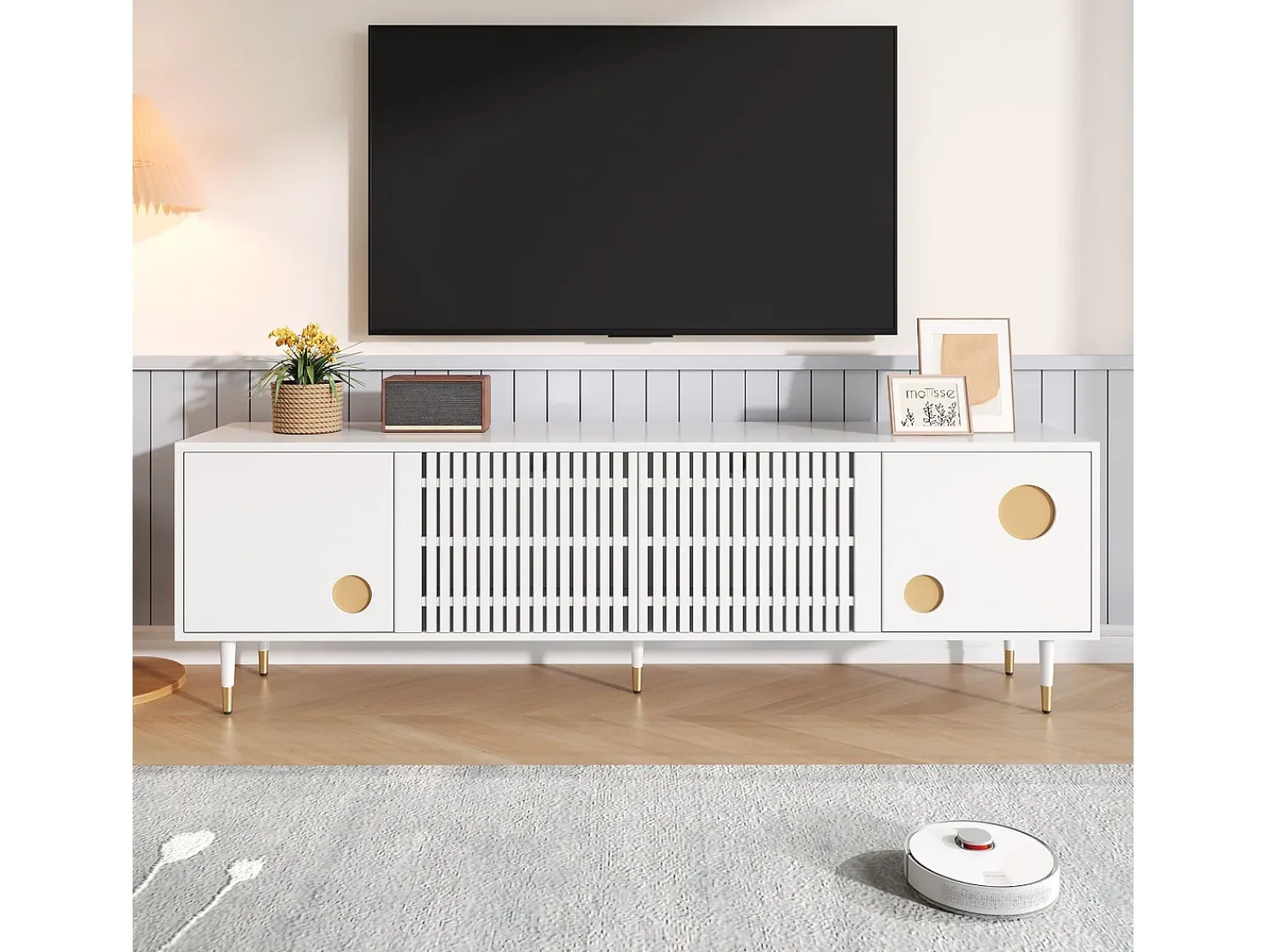 Suporte para TV - Suporte para TV com 4 portas com estrutura em treliça - detalhes dourados e pés ajustáveis^ Móvel De Tv