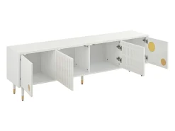 Suporte para TV - Suporte para TV com 4 portas com estrutura em treliça - detalhes dourados e pés ajustáveis^ Móvel De Tv