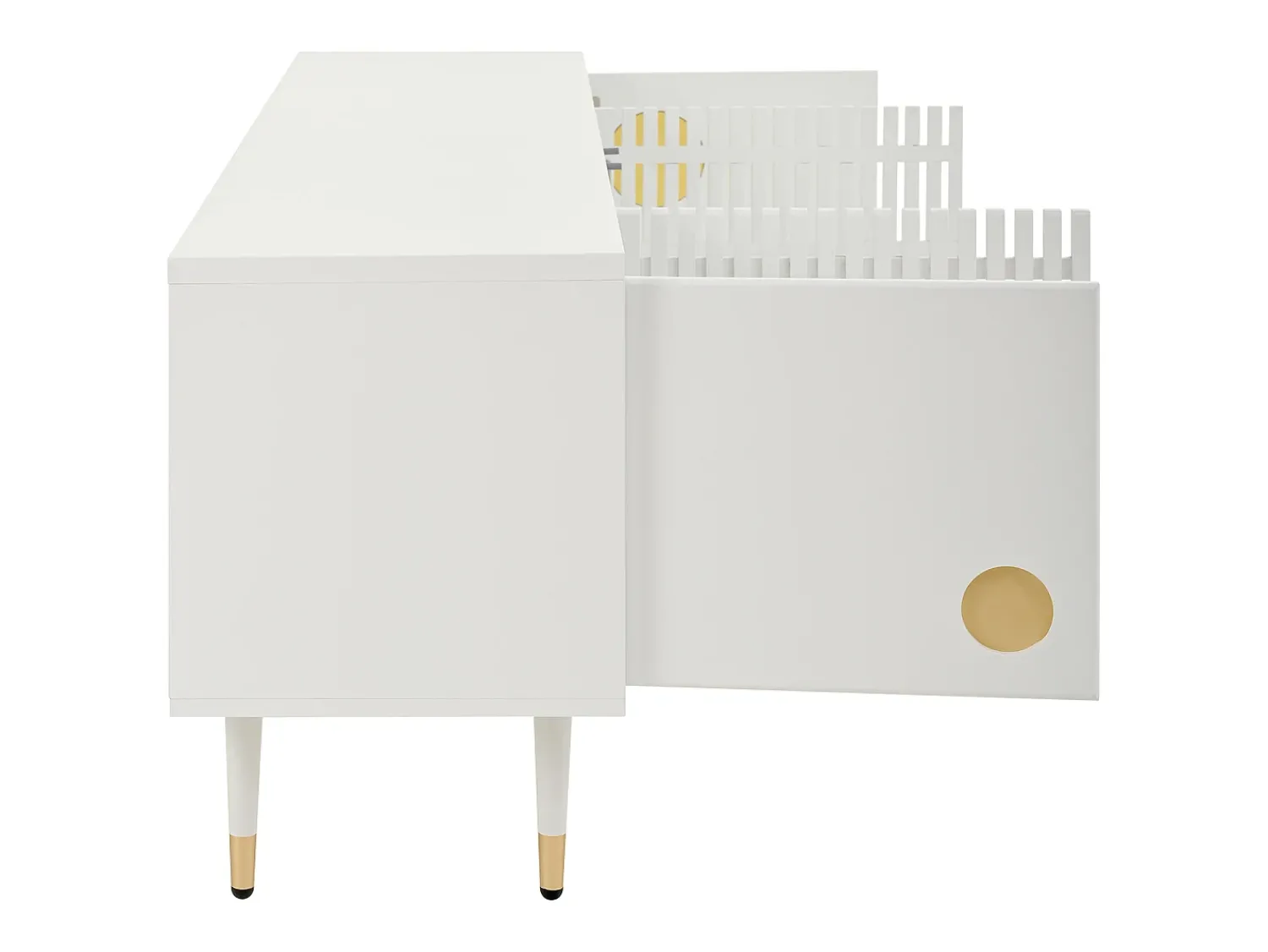 Suporte para TV - Suporte para TV com 4 portas com estrutura em treliça - detalhes dourados e pés ajustáveis^ Móvel De Tv