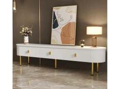 Móvel De Tv* Suporte para TV - Suporte para TV para sala com 3 gavetas - Puxadores e pés dourados Branco