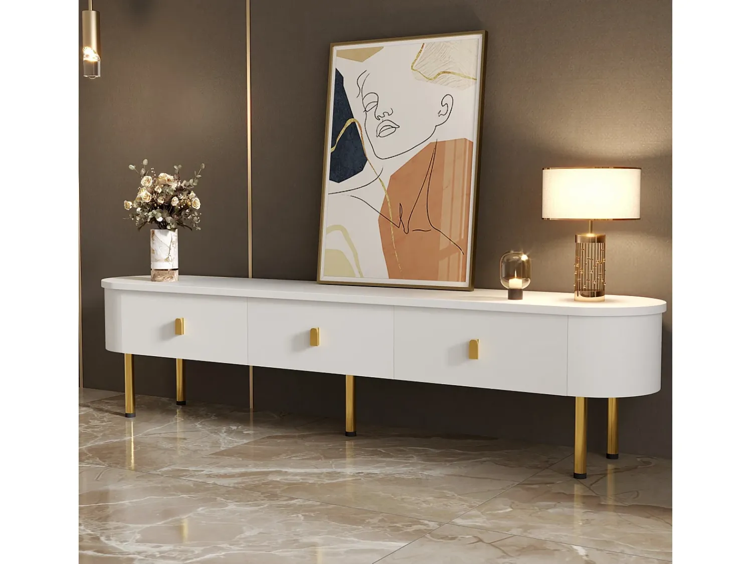 Móvel De Tv* Suporte para TV - Suporte para TV para sala com 3 gavetas - Puxadores e pés dourados Branco