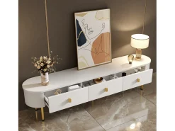 Móvel De Tv* Suporte para TV - Suporte para TV para sala com 3 gavetas - Puxadores e pés dourados Branco