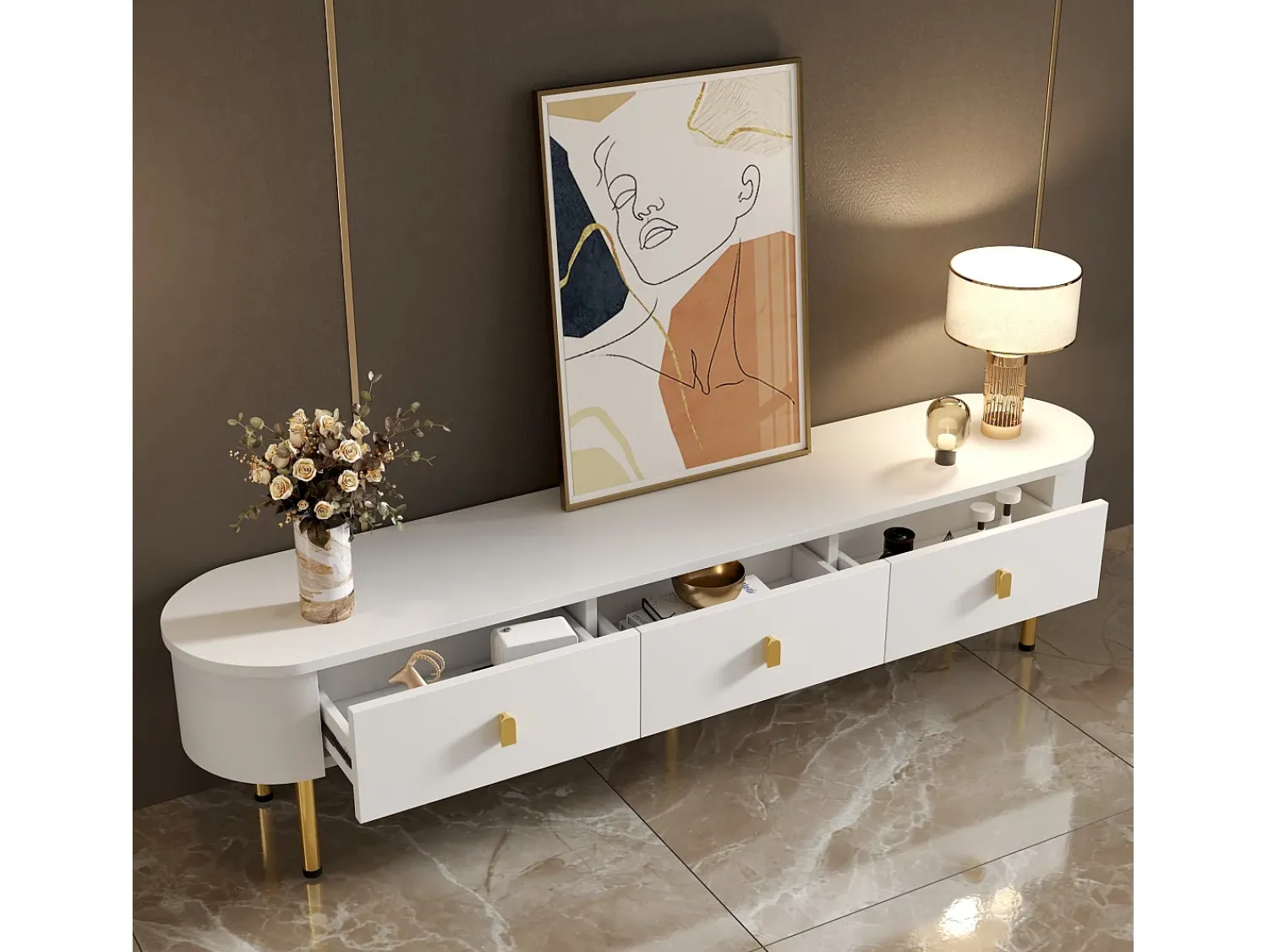 Móvel De Tv* Suporte para TV - Suporte para TV para sala com 3 gavetas - Puxadores e pés dourados Branco