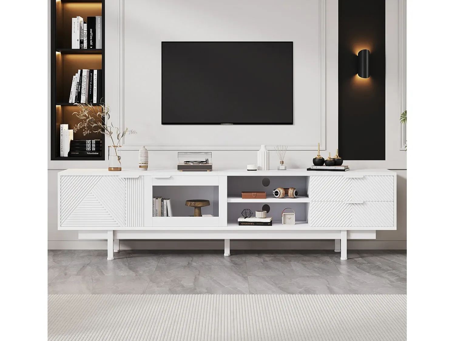 Móvel De Tv| Suporte para TV - Suporte para TV com 2 Portas e 2 Gavetas - Armário Aberto - para Sala de Estar Branco