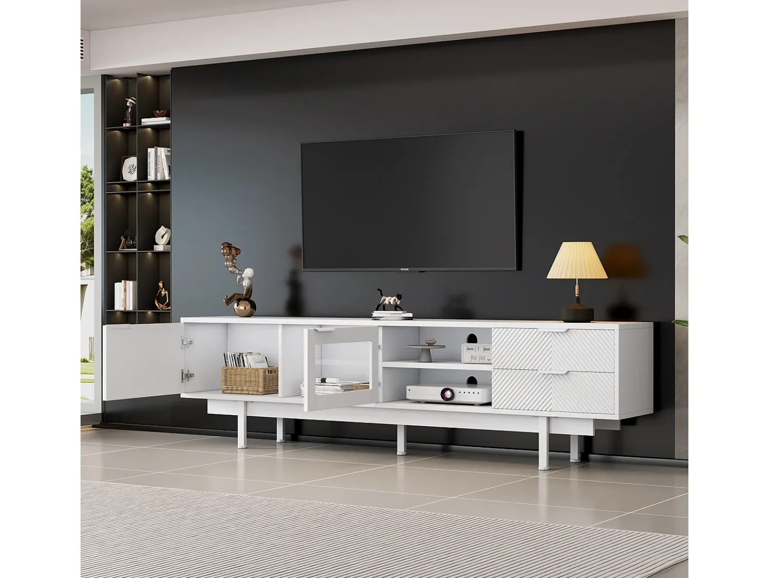 Móvel De Tv| Suporte para TV - Suporte para TV com 2 Portas e 2 Gavetas - Armário Aberto - para Sala de Estar Branco