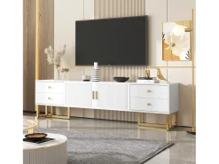 Suporte para TV - Suporte para TV para sala de estar com 2 portas texturadas e 4 gavetas - puxadores e pés dourados^ Móvel De Tv