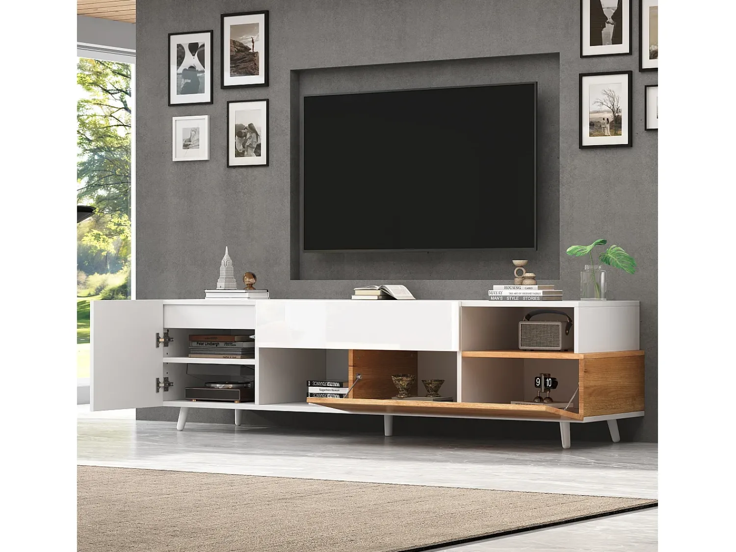 Suporte para TV brilhante - Suporte para TV com 2 portas e 1 gaveta - 2 espaços de arrumação semi-abertos Branco