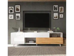 Suporte para TV brilhante - Suporte para TV com 2 portas e 1 gaveta - 2 espaços de arrumação semi-abertos Branco