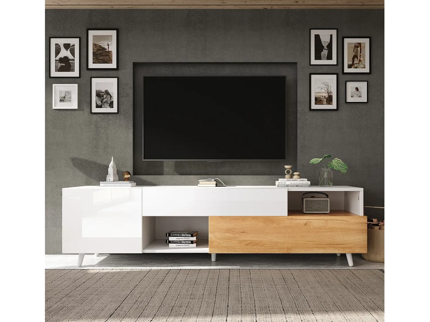 Suporte para TV brilhante - Suporte para TV com 2 portas e 1 gaveta - 2 espaços de arrumação semi-abertos Branco