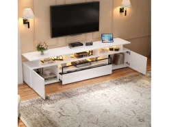Móvel De Tv* Suporte para TV brilhante - Suporte para TV com 2 portas e 1 gaveta - Iluminação LED e espaço de arrumação aberto Branco