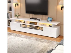 Móvel De Tv* Suporte para TV brilhante - Suporte para TV com 2 portas e 1 gaveta - Iluminação LED e espaço de arrumação aberto Branco