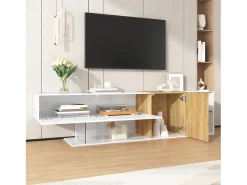 Outlet Suporte para TV Brilhante - Suporte para TV com 2 portas e 3 compartimentos de arrumação abertos - prateleiras em vidro Branco