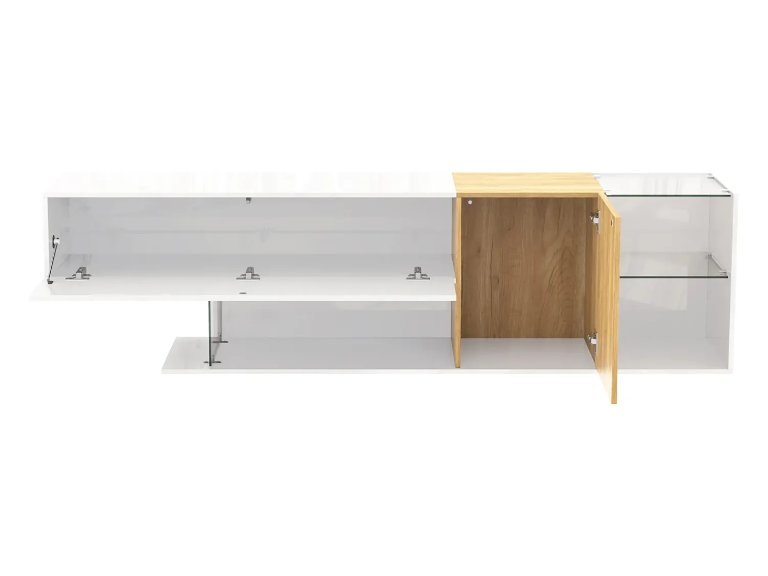 Outlet Suporte para TV Brilhante - Suporte para TV com 2 portas e 3 compartimentos de arrumação abertos - prateleiras em vidro Branco