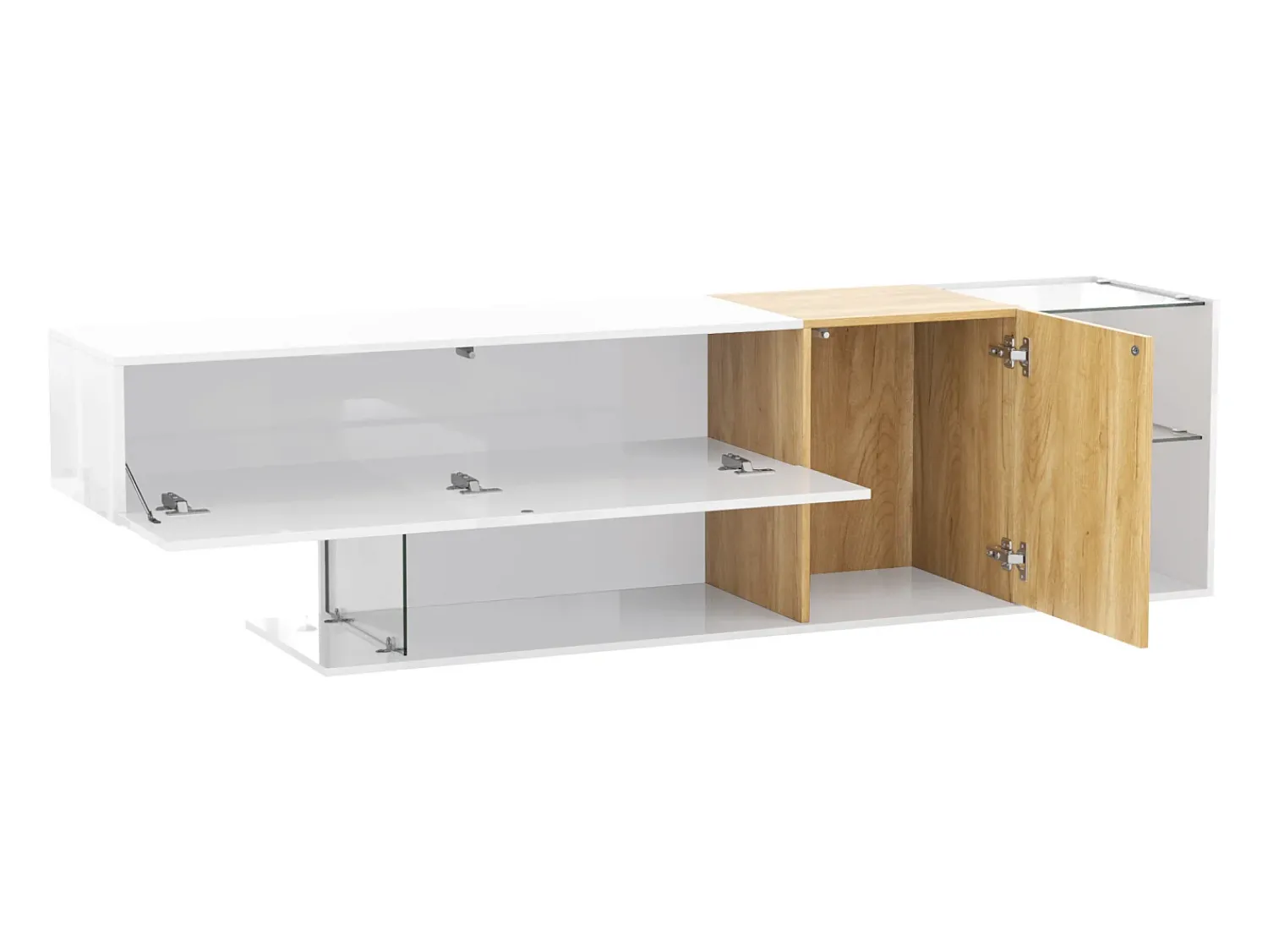 Outlet Suporte para TV Brilhante - Suporte para TV com 2 portas e 3 compartimentos de arrumação abertos - prateleiras em vidro Branco