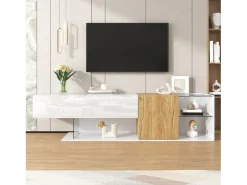 Outlet Suporte para TV Brilhante - Suporte para TV com 2 portas e 3 compartimentos de arrumação abertos - prateleiras em vidro Branco