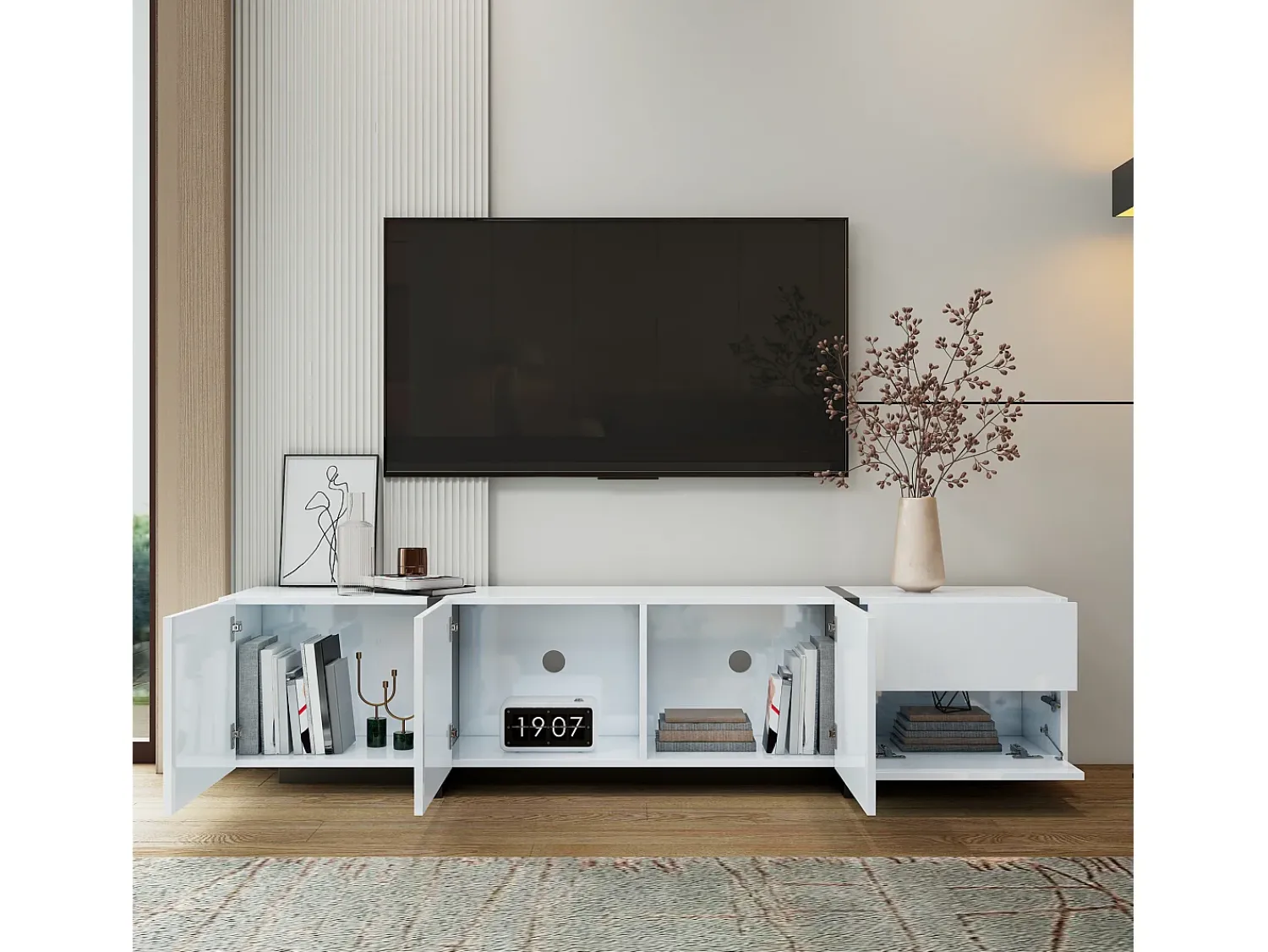 Móvel De Tv| Suporte para TV brilhante - Suporte para TV com 1 gaveta e 4 portas - com iluminação LED - para sala de estar Branco