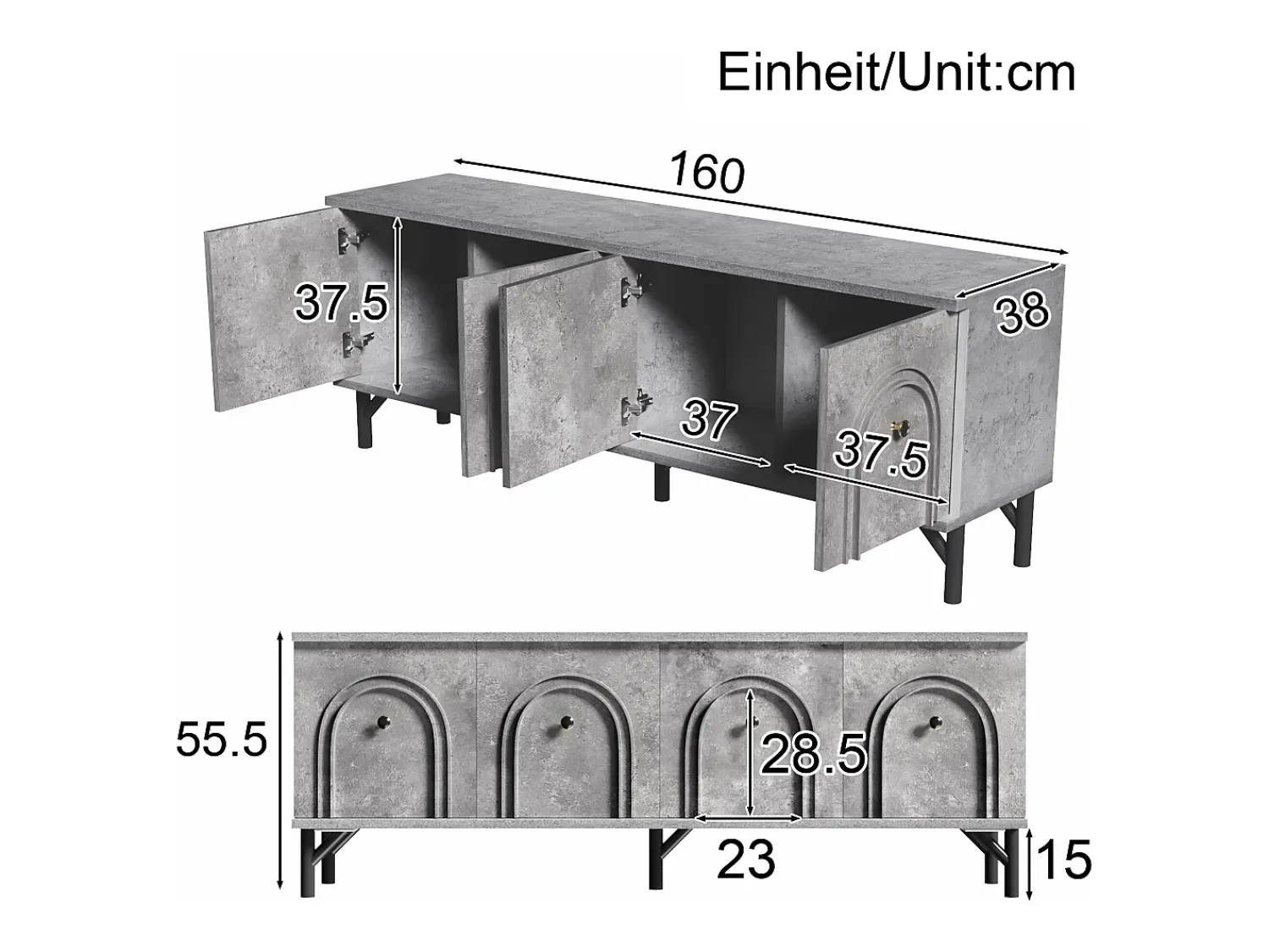 Móvel De Tv* Suporte para TV com 4 portas arqueadas - Suporte para TV moderno - Pernas pretas - para sala de estar e escritório Cinzento