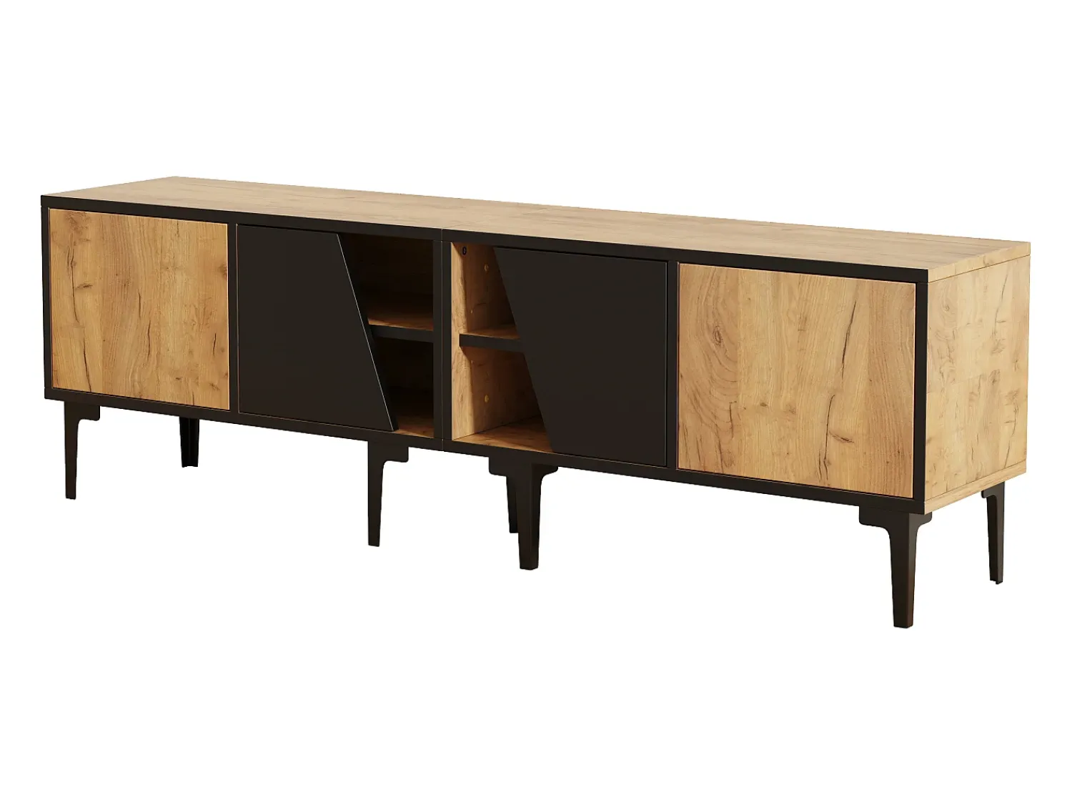 Móvel De Tv|Hauss Spole Suporte para TV com 4 compartimentos - Portas inclinadas - Cor: madeira e preto Natural claro