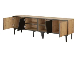 Móvel De Tv|Hauss Spole Suporte para TV com 4 compartimentos - Portas inclinadas - Cor: madeira e preto Natural claro