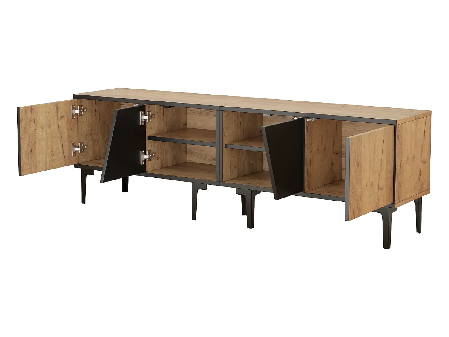 Móvel De Tv|Hauss Spole Suporte para TV com 4 compartimentos - Portas inclinadas - Cor: madeira e preto Natural claro