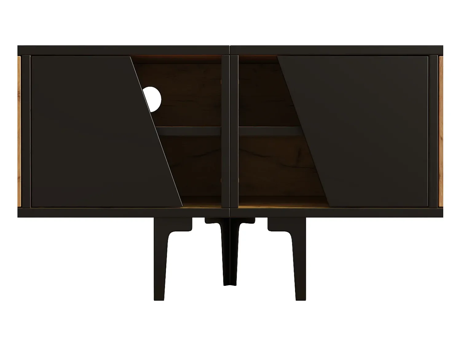 Móvel De Tv|Hauss Spole Suporte para TV com 4 compartimentos - Portas inclinadas - Cor: madeira e preto Natural claro