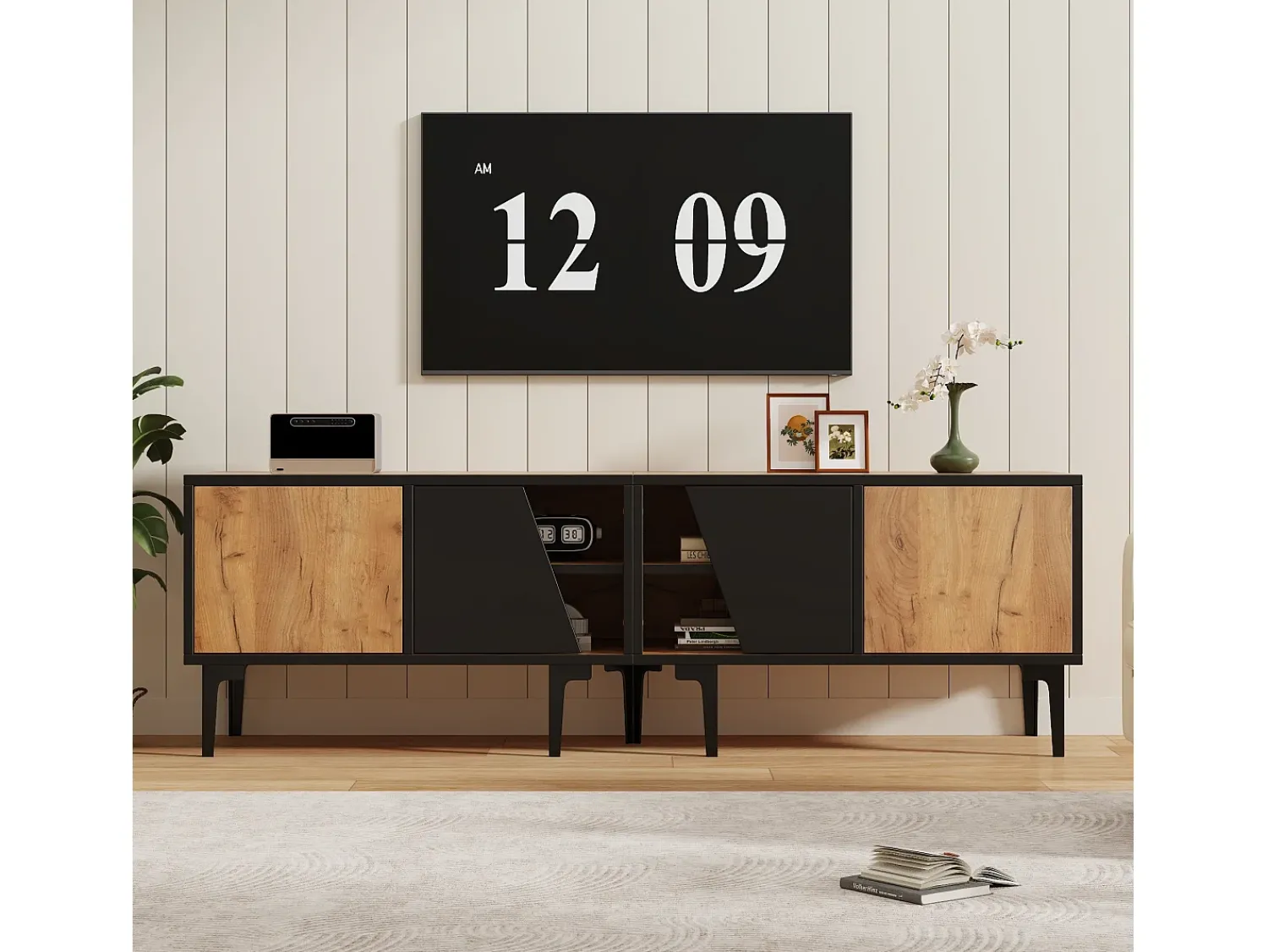 Móvel De Tv|Hauss Spole Suporte para TV com 4 compartimentos - Portas inclinadas - Cor: madeira e preto Natural claro