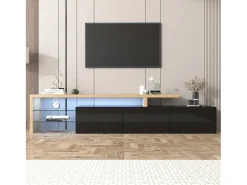 Móvel De Tv* Suporte para TV com 7 cores de LED, 3 portas e prateleiras de vidro, tamanho ideal para sala de estar, . Preto