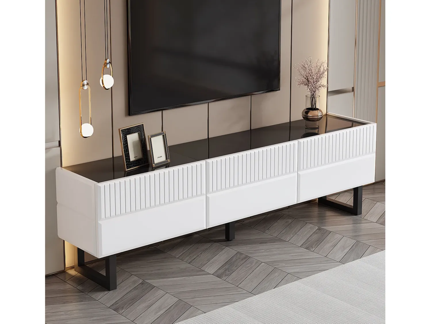 Móvel De Tv|Hauss Spole Suporte para TV com 3 gavetas - Design clássico em preto e - Tampo com acabamento brilhante Branco