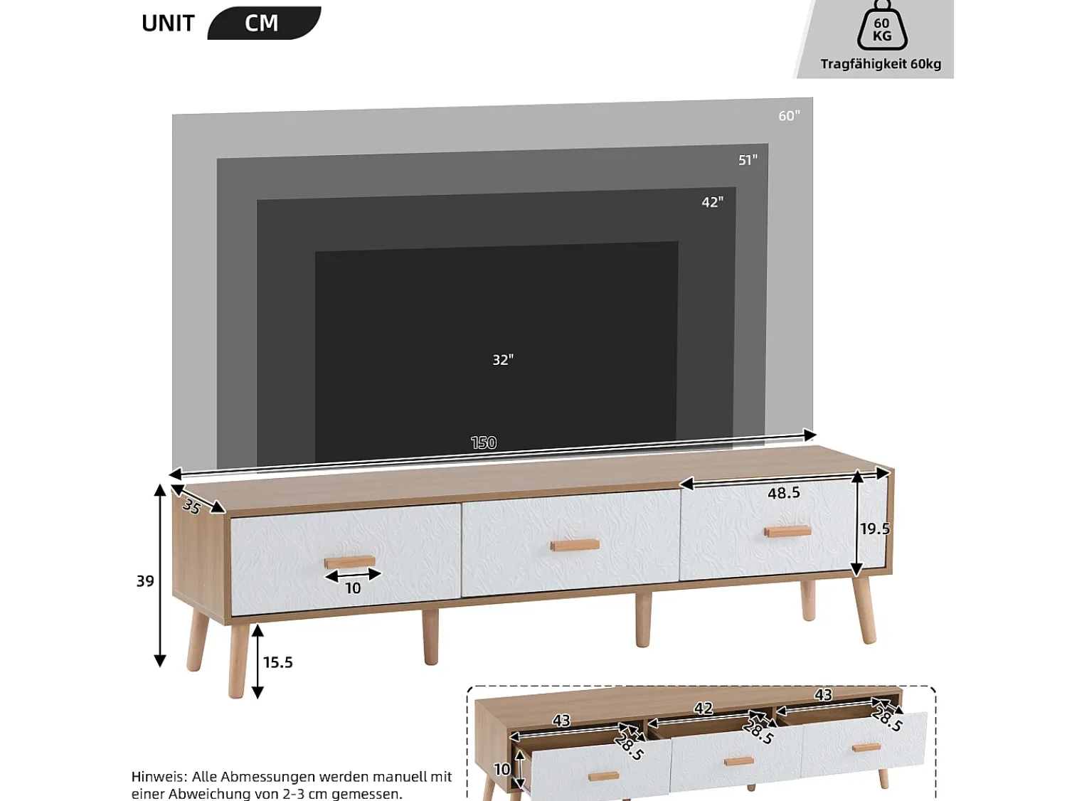 Móvel De Tv|Hauss Spole Suporte para TV com 3 gavetas - Painel da porta texturado branco - Cor natural 150x35x39cm Natural claro